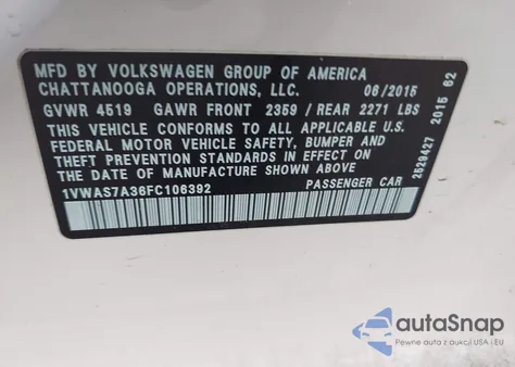 2015 Volkswagen Passat 1.8T Limited Edition from USA, damaged, VIN 1VWAS7A36FC106392